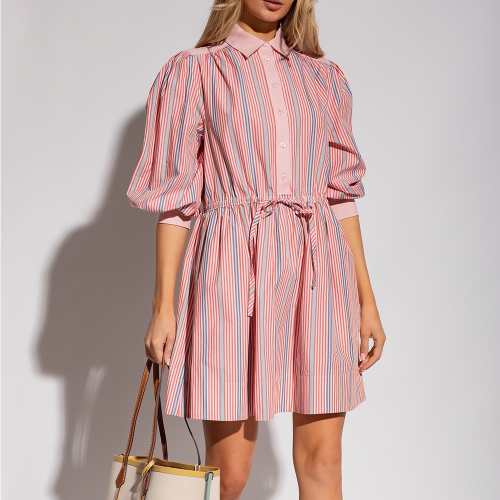 NWOT See By Chloe Long Sleeve Sundress Tie Waist Striped 100% Cotton Poplin